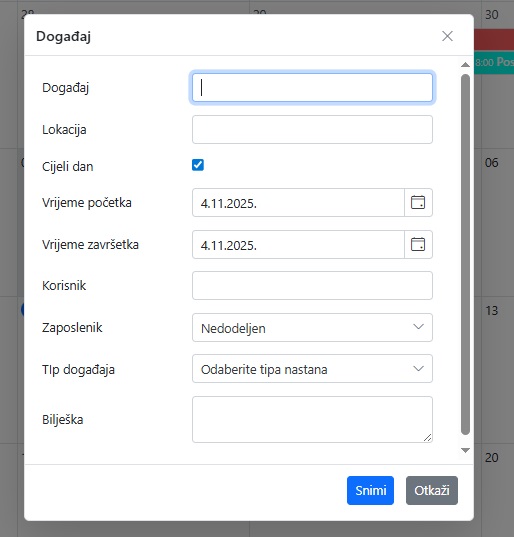 Prozor za dodavanje novog dogadaja u kalendaru