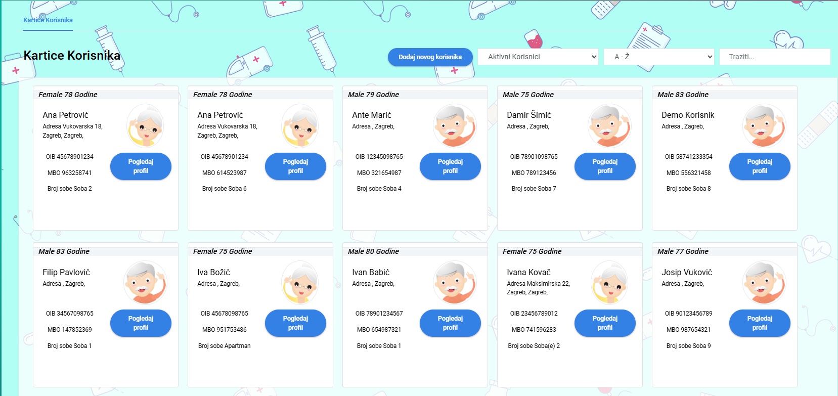 Kartice korisnika s osnovnim podacima i gumbom Pogledaj profil