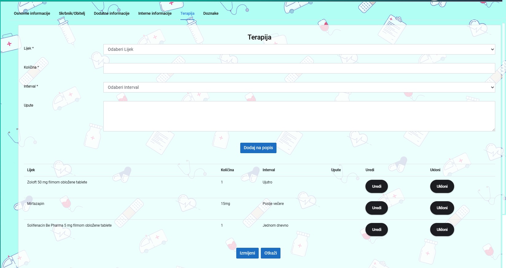 Kartica Terapija – unos lijekova, kolicina, interval i upute